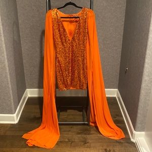 Orange sequin short dress, cape long sleeve, medium